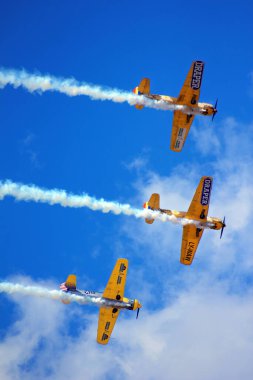 BUCHAREST, ROMANIA - 26 Ağustos 2023 - BIAS 2023 - Bükreş Uluslararası Hava Gösterisi, Aurel Vlaicu Uluslararası Havalimanı Baneasa. Aerobatik Gevezeler Uçuş sırasında Akrobasi Takımı