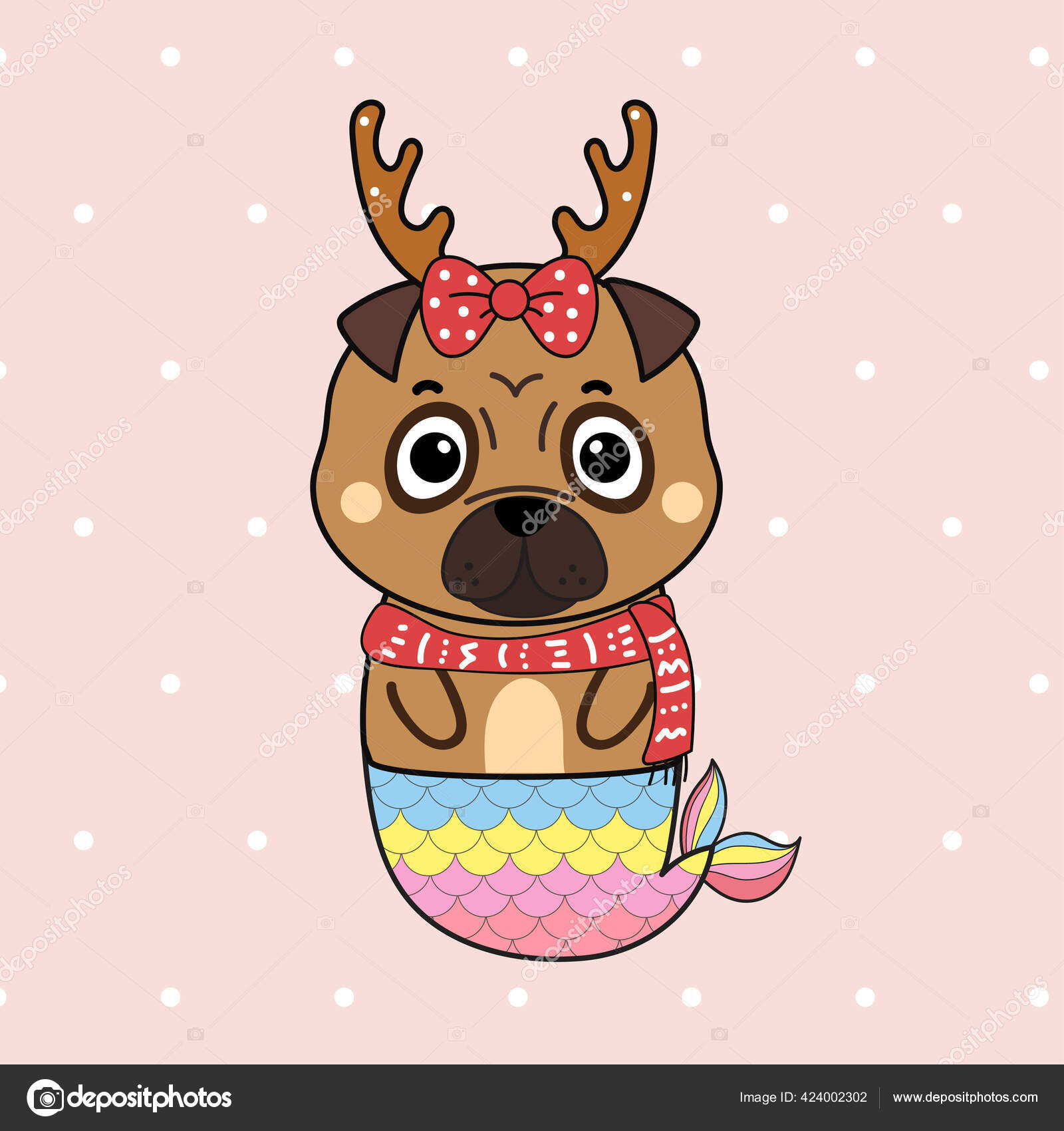Cute Cartoon Mermaid Dog Rainbow Fish Tail Christmas Deer Horns Stock