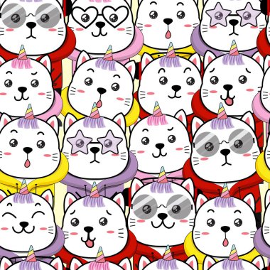 Tatlı tek boynuzlu at kedileriyle kusursuz konuşmalar, vektör illüstrasyon.