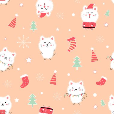 Noel süslemeleri ve vektör illüstrasyonlu şirin çizgi film kedileriyle kusursuz desen.
