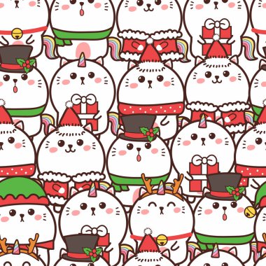 Noel kostümlü şirin tek boynuzlu at kedileriyle kusursuz desen, vektör illüstrasyonu.