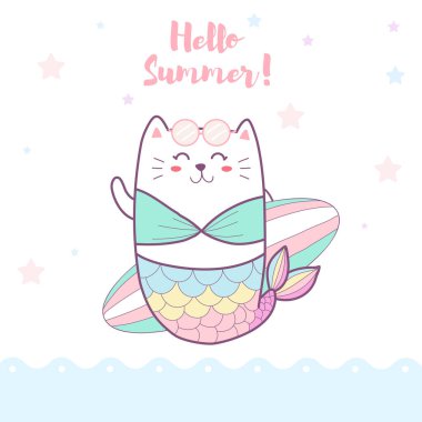 Gökkuşağı balık kuyruklu şirin denizkızı kedisi sörf tahtası, vektör çizimi, yaz konsepti 