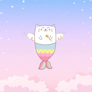 Gökkuşağı balık kuyruğu ve kanatlarıyla gökyüzünde uçan karikatür deniz kızı kedisi, vektör çizimi 