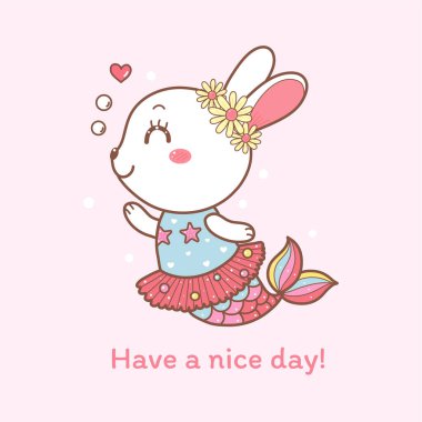 Gökkuşağı balık kuyruklu şirin denizkızı tavşanlı kart, vektör çizimi 