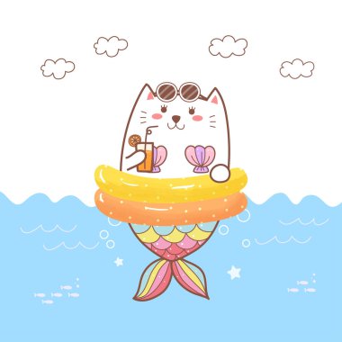 Gökkuşağı balık kuyruklu şirin deniz kızı kedisi denizde kauçuk halkada rahatlıyor, vektör çizimi, yaz konsepti 