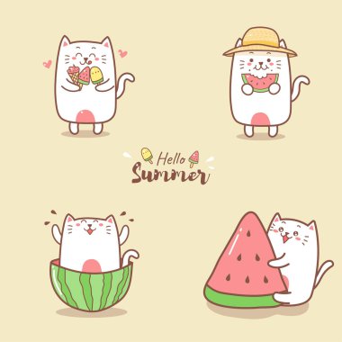 Karpuzlu şirin kediler, vektör çizimi.