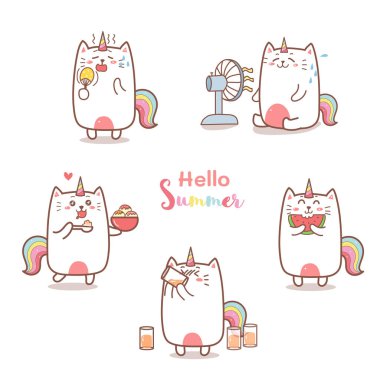 Şirin çizgi film kedileri yemek yiyip limonata içerken fan, vektör illüstrasyonları, merhaba yaz konsepti    