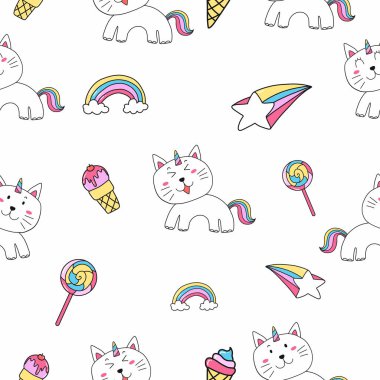 Gökkuşağı ve şekerli tek boynuzlu at kedileri seti, vektör illüstrasyon