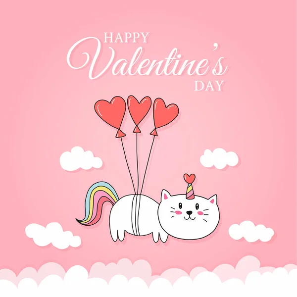 Carte Saint Valentin Avec Dessin Animé Mignon Licorne Chat Volant — Image vectorielle