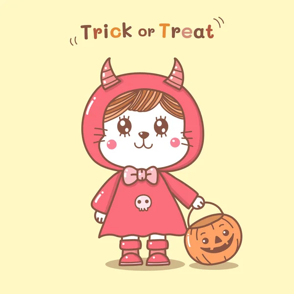 Carte Halloween Avec Chat Dessin Animé Mignon Costume Diable Avec — Image vectorielle