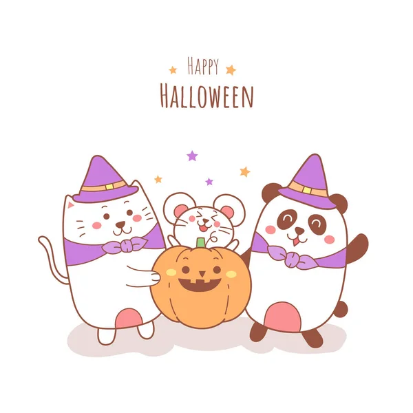 Lindo Gato Dibujos Animados Con Panda Rata Con Calabaza Celebrando — Archivo Imágenes Vectoriales