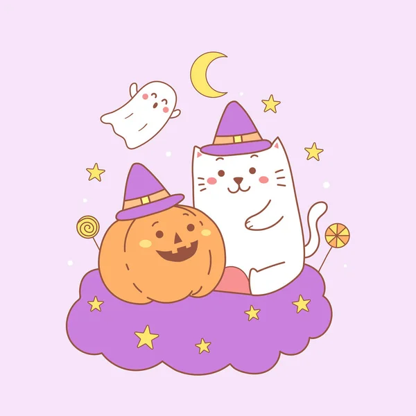Chat Dessin Animé Mignon Avec Citrouille Célébrant Halloween Illustration Vectorielle — Image vectorielle