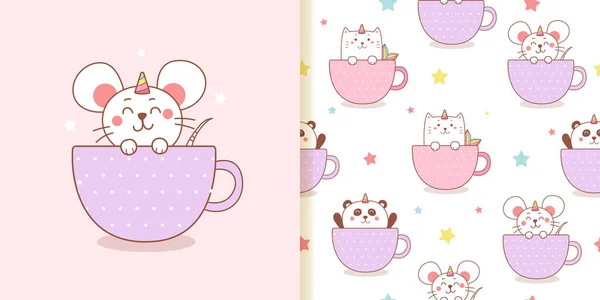 Cute Cartoon Unicorn Cats Pandas Rats Tea Cups Vector Illustration — Stock Vector