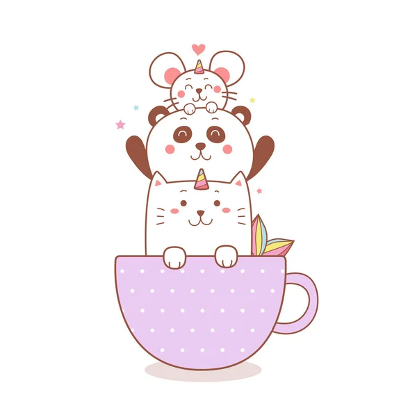Cute Kota Kreskówki Panda Szczur Filiżance Herbaty Wektor Ilustracja — Wektor stockowy