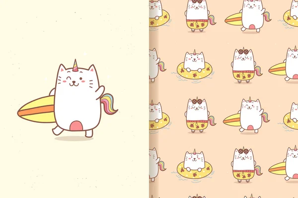 Ensemble Mignon Dessin Animé Licorne Chats Avec Planches Surf Anneaux — Image vectorielle