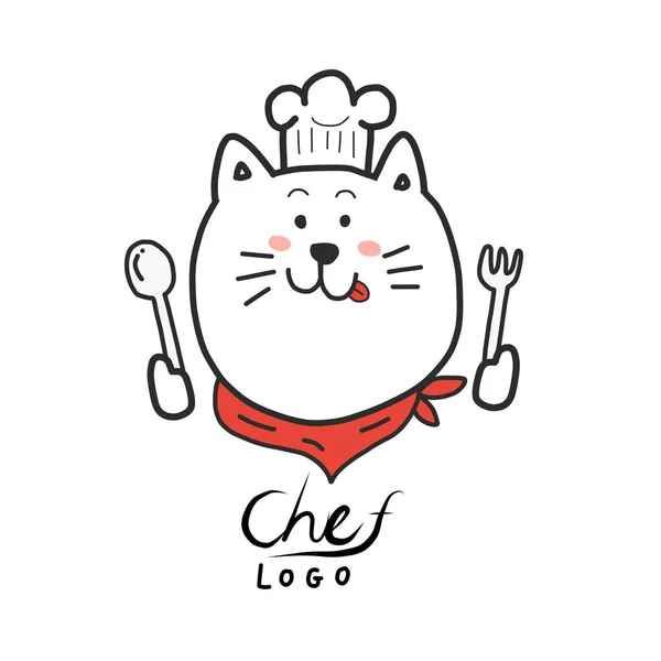 Carino Cartone Animato Divertente Chef Gatto Logo Tenendo Cucchiaio Forchetta — Vettoriale Stock