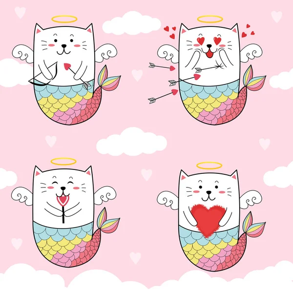 Κάρτα Ημέρα Του Αγίου Βαλεντίνου Χαριτωμένο Καρτούν Γοργόνα Γάτες Ουρές — Διανυσματικό Αρχείο