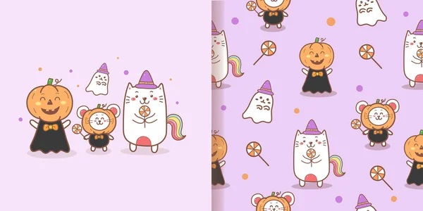 Carte Halloween Avec Des Chats Dessin Animé Mignons Des Rats — Image vectorielle