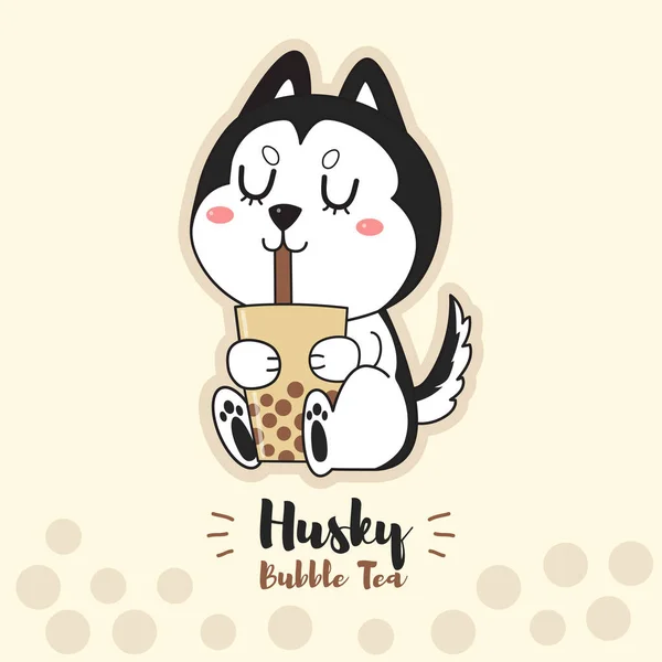 Mignon Dessin Animé Chien Husky Boire Thé Lait Bulle Illustration — Image vectorielle