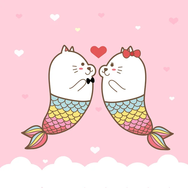 Carte Saint Valentin Avec Couple Chats Sirène Dessin Animé Mignon — Image vectorielle