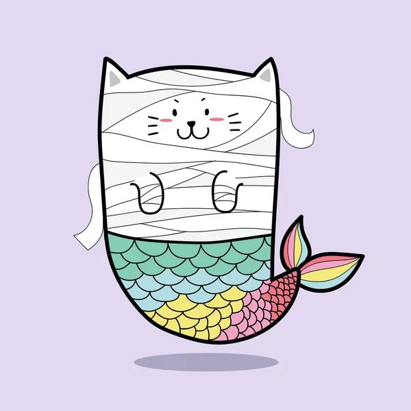 Lindo Gato Sirena Dibujos Animados Con Cola Pez Arco Iris — Vector de stock