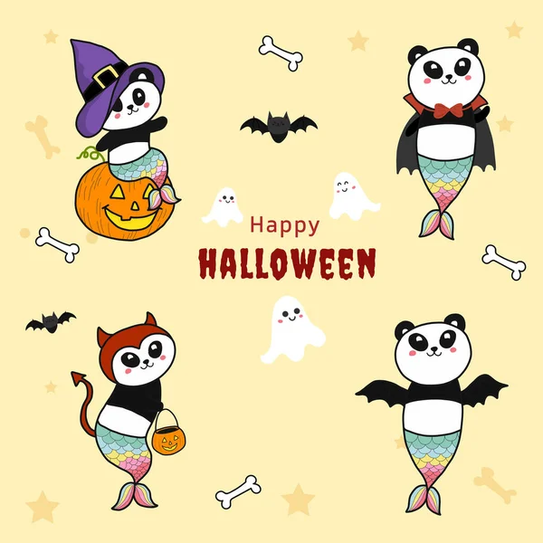 Tarjeta Felicitación Con Lindos Pandas Dibujos Animados Trajes Halloween Ilustración — Archivo Imágenes Vectoriales
