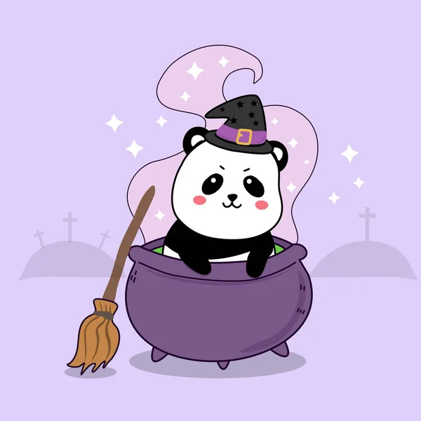 Halloween Card Cute Cartoon Panda Witch Hat Sitting Cauldron Broom — Stock Vector