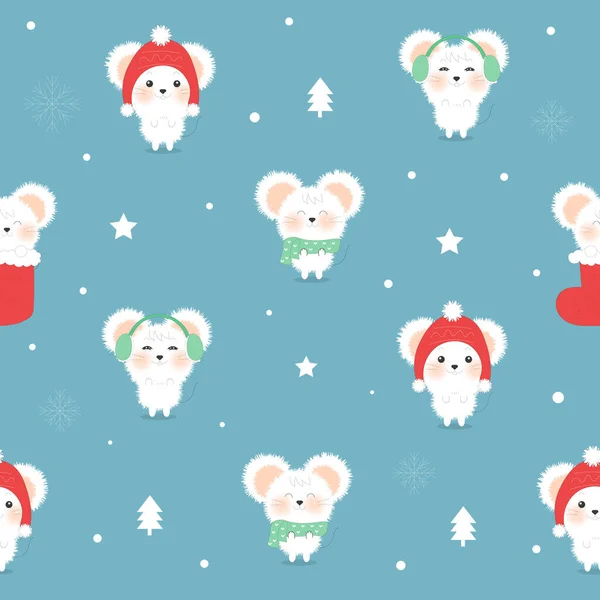 圣诞卡上有可爱的穿着保暖衣服的卡通老鼠 病媒图解 — 图库矢量图片