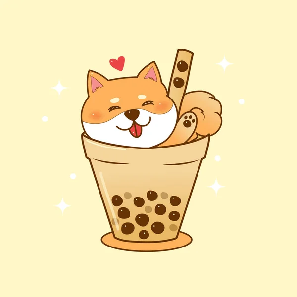 Cute Cartoon Fox Bubble Milk Tea Cup Vector Illustration — Stock Vector