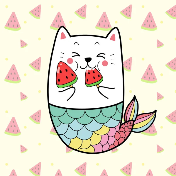 Karta Cute Kot Syrenka Kreskówka Tęczą Ryb Ogon Jedzenie Arbuz — Wektor stockowy