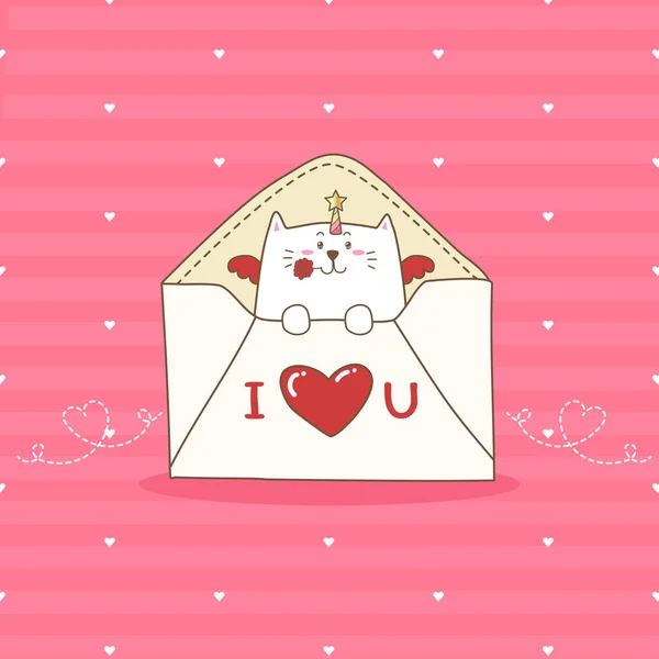 Carte Saint Valentin Avec Mignon Chat Dessin Animé Dans Enveloppe — Image vectorielle