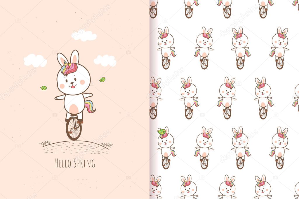 Cute cartoon unicorn rabbits riding unicycles, vector illustration