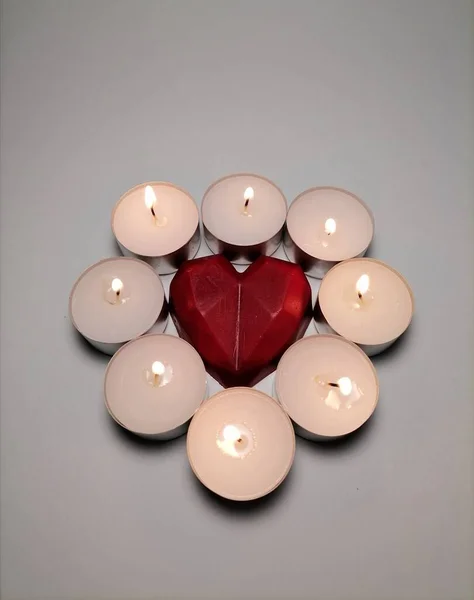 Candles Red Heart White Background — Stock Photo, Image