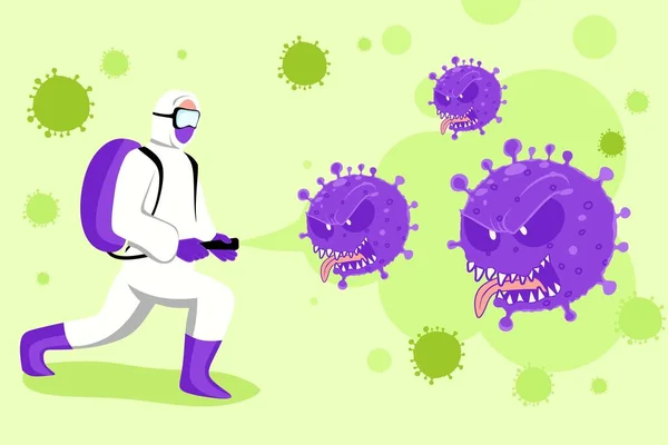 Coronavirus Pandémiás Baktériumok Ember Vegyvédelmi Ruhában — Stock Vector