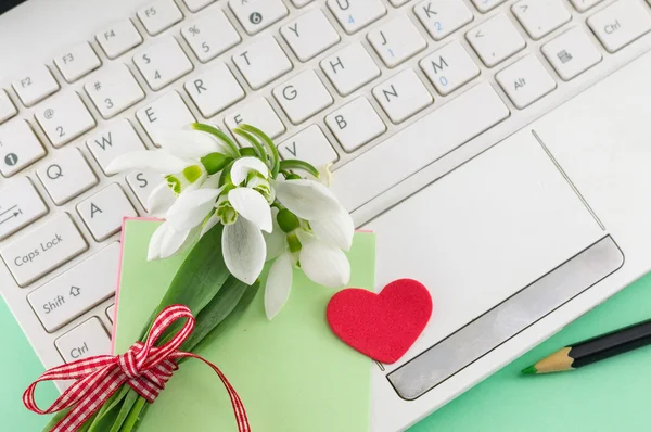 Romantikus hóvirág csokor és laptop — Stock Fotó