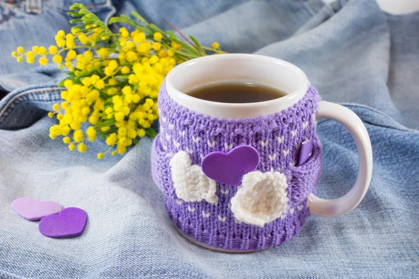 Tazza invernale di tè e fiori di mimosa — Foto Stock