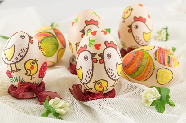 Chicken decorated Easter eggs — Stock Photo, Image