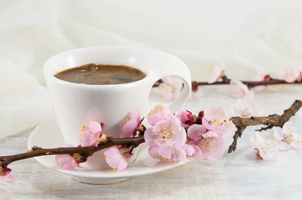 Чашка кави з вишневими квітами — стокове фото