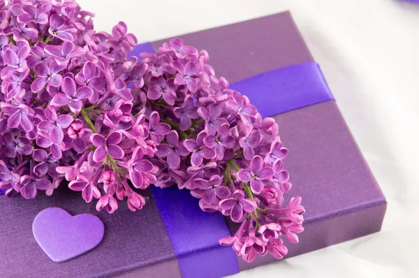 Flores lila púrpura en una caja de regalo — Foto de Stock