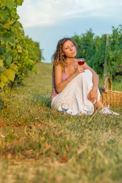 Chica con copa de vino sentado en el viñedo —  Fotos de Stock