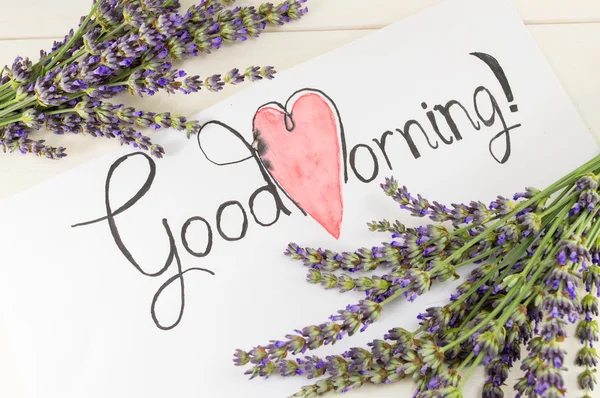 Guten Morgen Karte mit Lavendel auf dem Tisch — Stockfoto