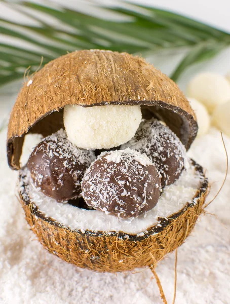 Biscoitos de coco em uma tigela de frutas frescas — Fotografia de Stock