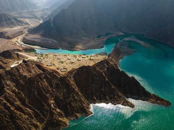 Hatta Dam Lake Mountains Enclave Region Dubai Emirates Aerial View — 图库照片