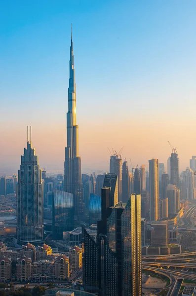 Dubai Centro Ciudad Paisaje Hih Ángulo Vista Atardecer Emiratos Árabes —  Fotos de Stock