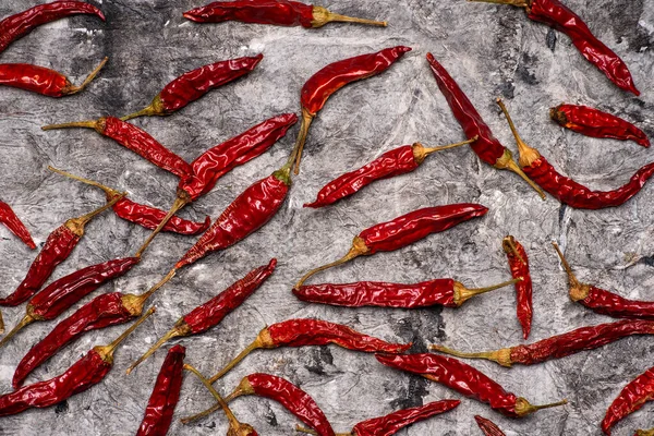 Dry Red Peppers Stone Table Top View Flat Lay — Stock Photo, Image