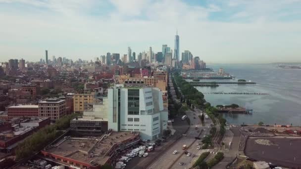 Manhattan Och New Yorks Skyline Vid Hudsonflodens Flygutsikt New York — Stockvideo