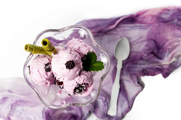Borůvková Zmrzlina Čerstvým Ovocem Skleněném Poháru Oplatkou Izolované Bílém Pozadí — Stock fotografie