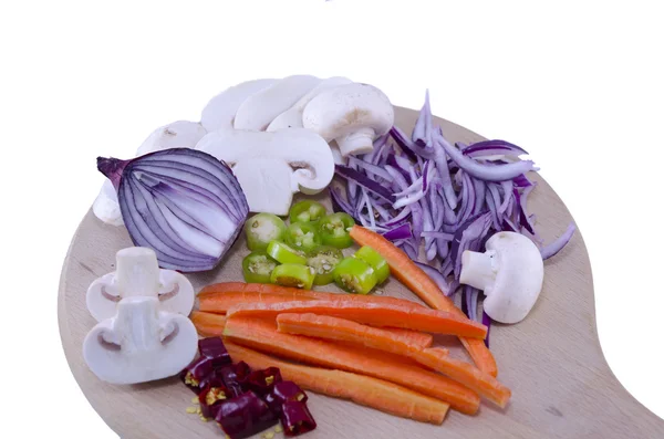 Chopped onions, mushrooms, carrots, peppers isolated — Stock Photo, Image