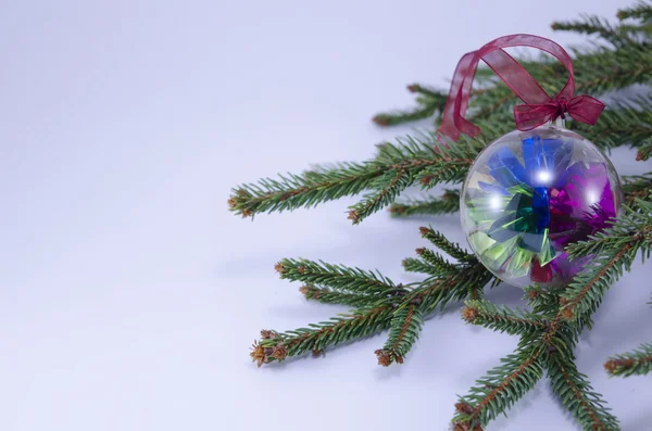 Esfera decorativa de Navidad colorida en una rama de abeto —  Fotos de Stock