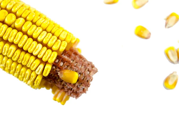 Részben morzsolt kukorica és kukorica szemek elszigetelt — Stock Fotó